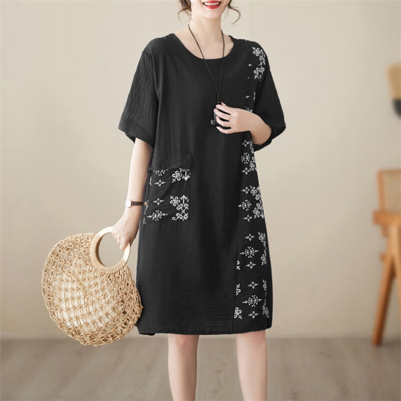 唐卿夏季女士亚麻连衣裙女夏宽松中袖麻料裙子穿中年夏装棉麻女新