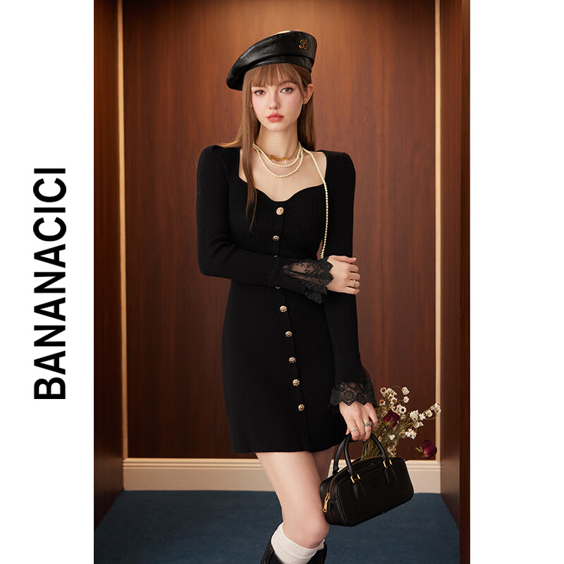 banana cici2024年秋冬新款法式纯欲风蕾丝拼接泡泡袖针织连衣裙C244LY156 黑色 M