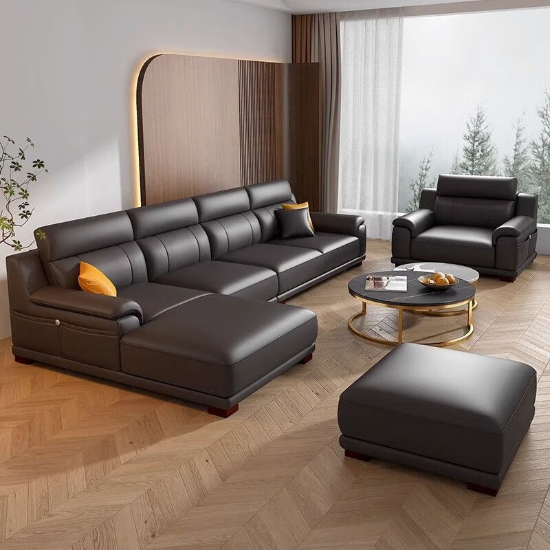 檀福匠2025新款沙发客厅现代简约意式极简大小户型高端轻奢头层牛皮沙发 [360°全包裹加厚牛皮]十年质保 四人位+脚踏 3.2m [加抱枕]