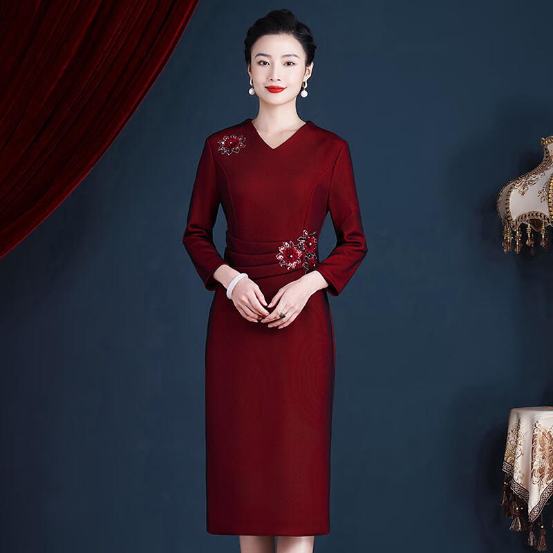 戴丽格妈妈结婚礼服旗袍改良版连衣裙中老年女装春秋装裙子喜婆婆婚宴