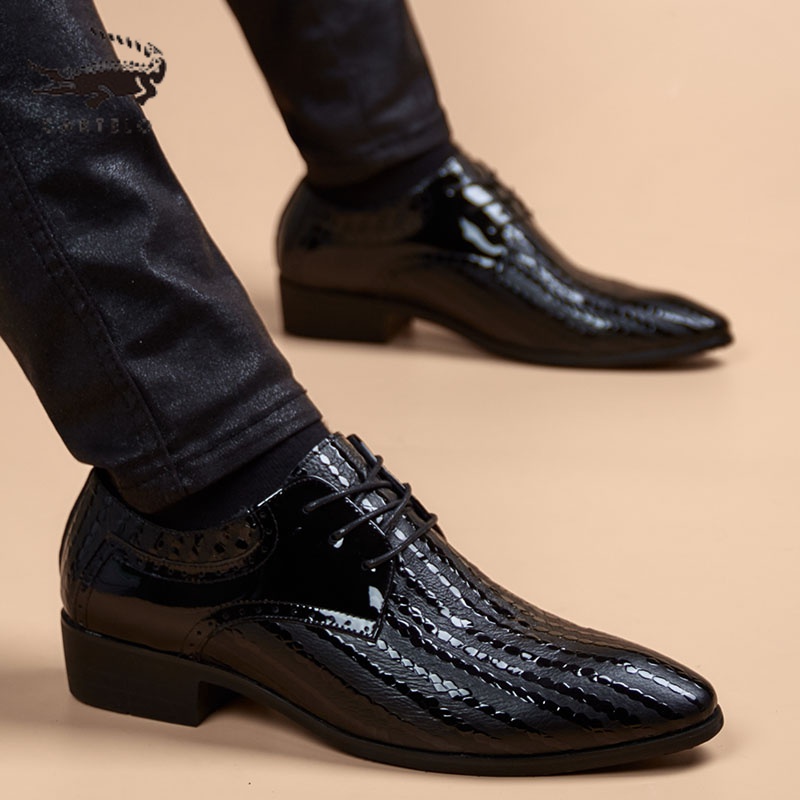 真皮正装男鞋尖头鳄鱼英伦帝乐内增高