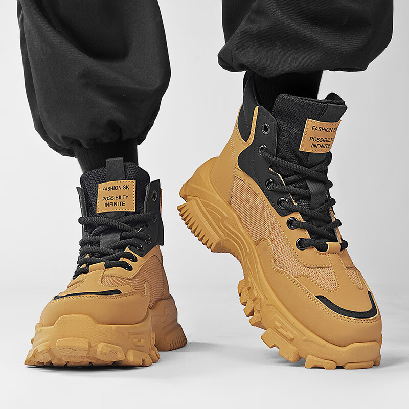 BAIKE马丁靴男冬季新款鞋子男雪地高帮靴子男劳保鞋工装鞋加绒保暖棉鞋 卡其 42 标准码