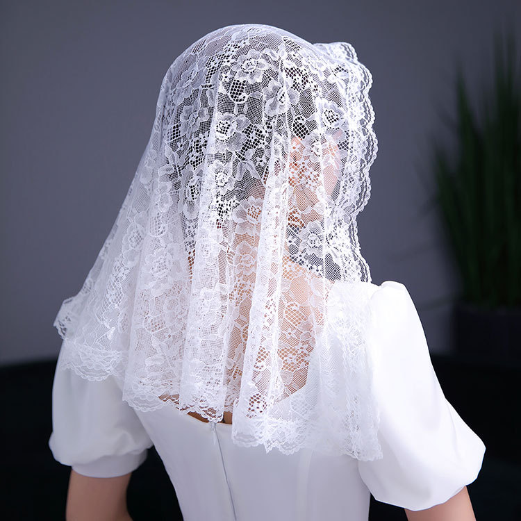 苋钧 新娘蕾丝花边头巾穆斯林头饰头纱短款纱披肩单层遮面纱 白色