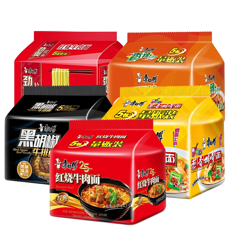 康師傅 方便面大食袋紅燒五連包袋裝泡面勁爽樂(lè)拉面紅燒香辣牛肉早餐面 經(jīng)典香辣牛肉味100g*5袋