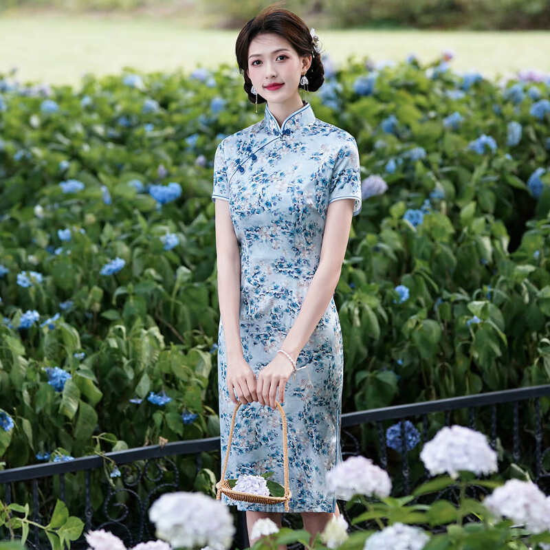 旗袍中长款夏季新款改良时尚印花短袖中国风小清新旗袍礼服 蓝碎花 s