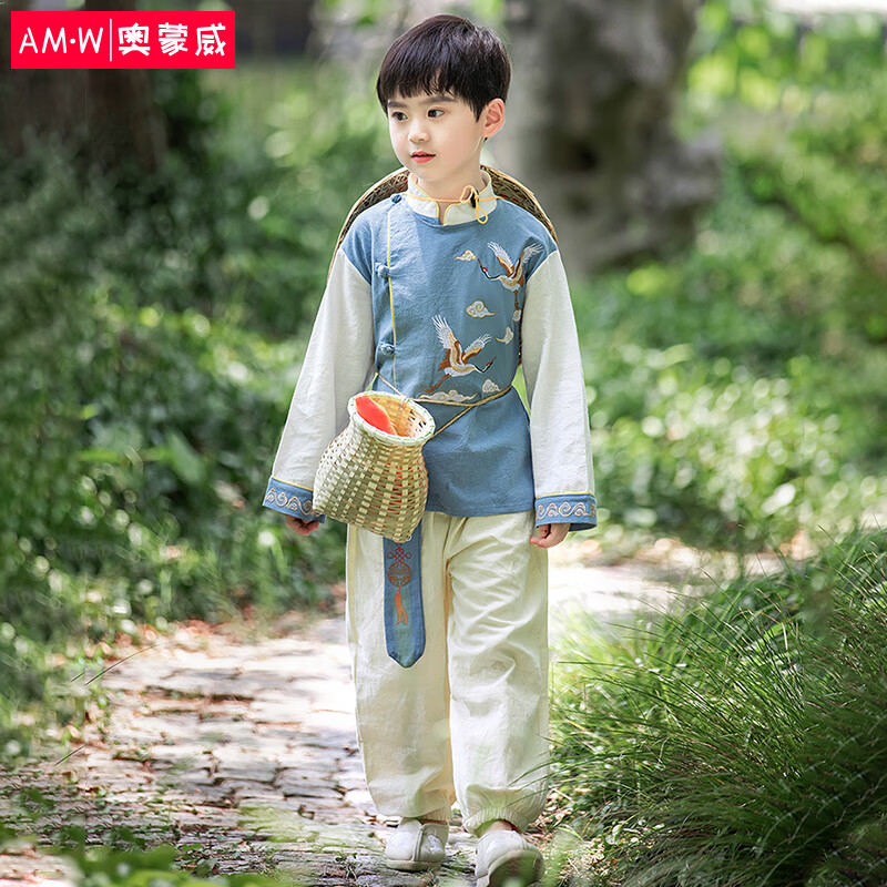 奥蒙威（AOMENGWEI）汉服男童套装中小童夏季仙鹤古风唐装男生套装ER-MH-06蓝色110高性价比高么？