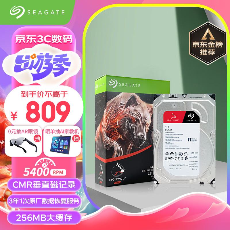 希捷(SEAGATE)NAS硬盘 4TB 256MB 5400转 CMR垂直 网络存储 SATA 希捷酷狼 机械硬盘 数据恢复服务 3.5英寸