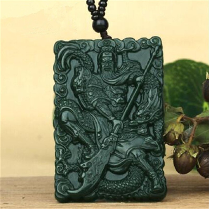 至翠斋 和田玉青玉关公吊坠 双面雕刻男士玉牌项链挂件 降龙关公玉石