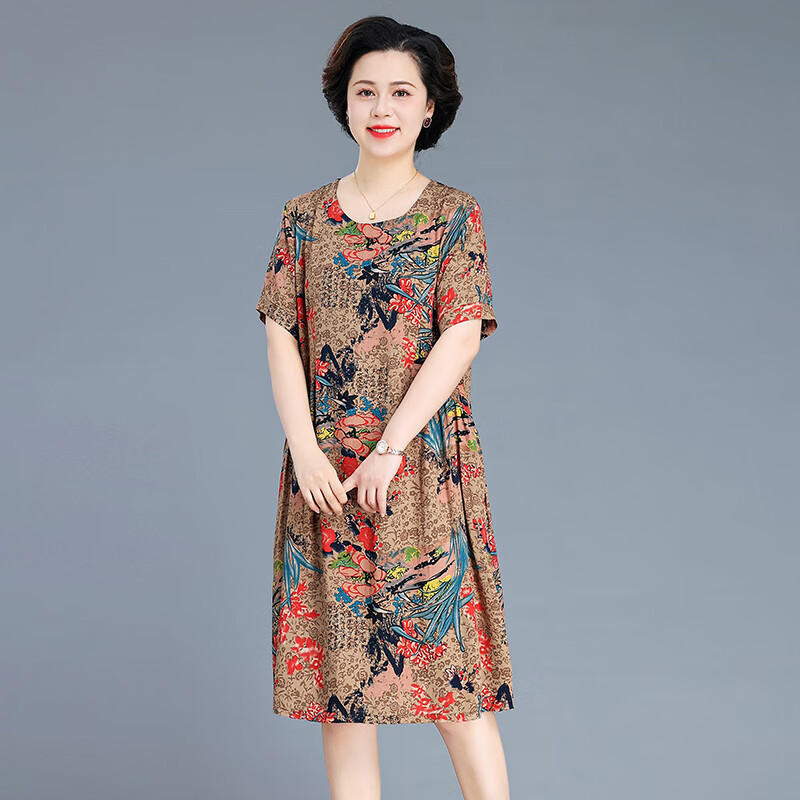 珂源羊中年胖妈妈连衣裙洋气高贵中老年女夏季遮肚花裙子 2XL 