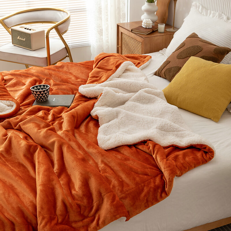 文殿 小毛毯被子羊羔绒毯双层加厚保暖冬季办公室午睡毯单人珊瑚绒毯子 桔红色 流光橘 180x200cm