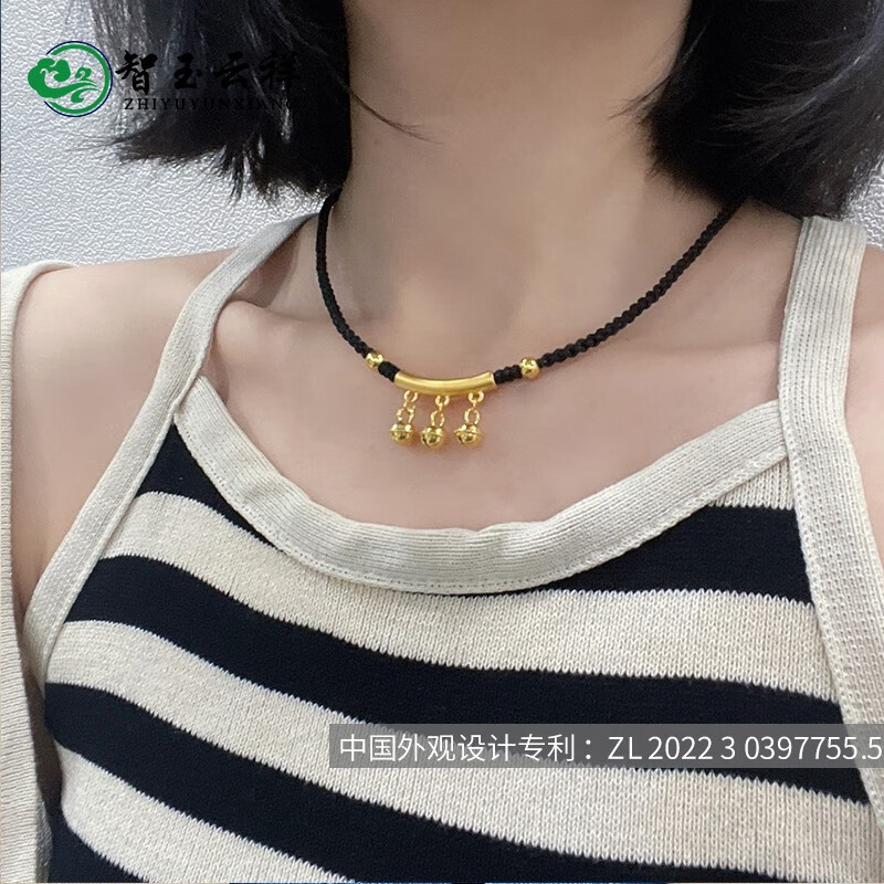 云祥999足金弯管黄金吊坠女小金珠项链本命年锁骨链项绳铃铛项圈脚链