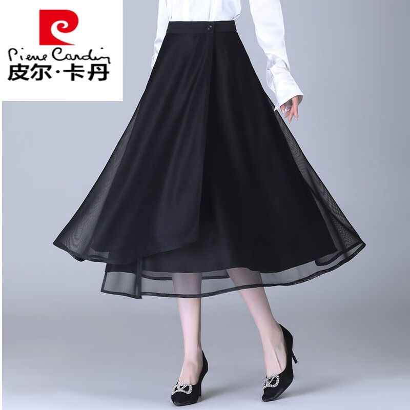 皮爾卡丹高級感一片式半身紗裙女時(shí)裝a字網(wǎng)紗裙2024春秋新款別致大擺傘裙 黑色 32 二尺五