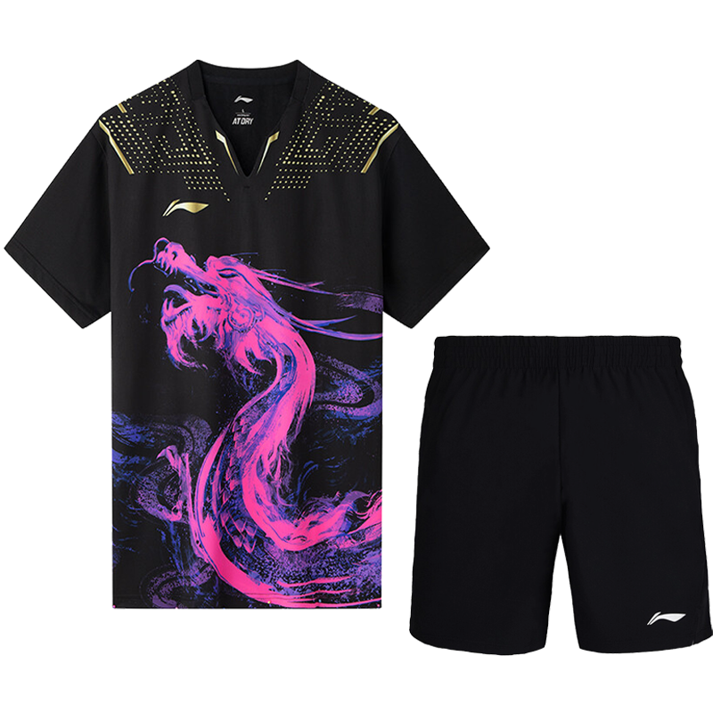 李寧（LI-NING）國家乒乓球隊(duì)龍服訓(xùn)練服馬龍同款短袖短褲速干比賽運(yùn)動透氣套裝 國乒龍服球迷版黑上衣+黑褲 XL (180)