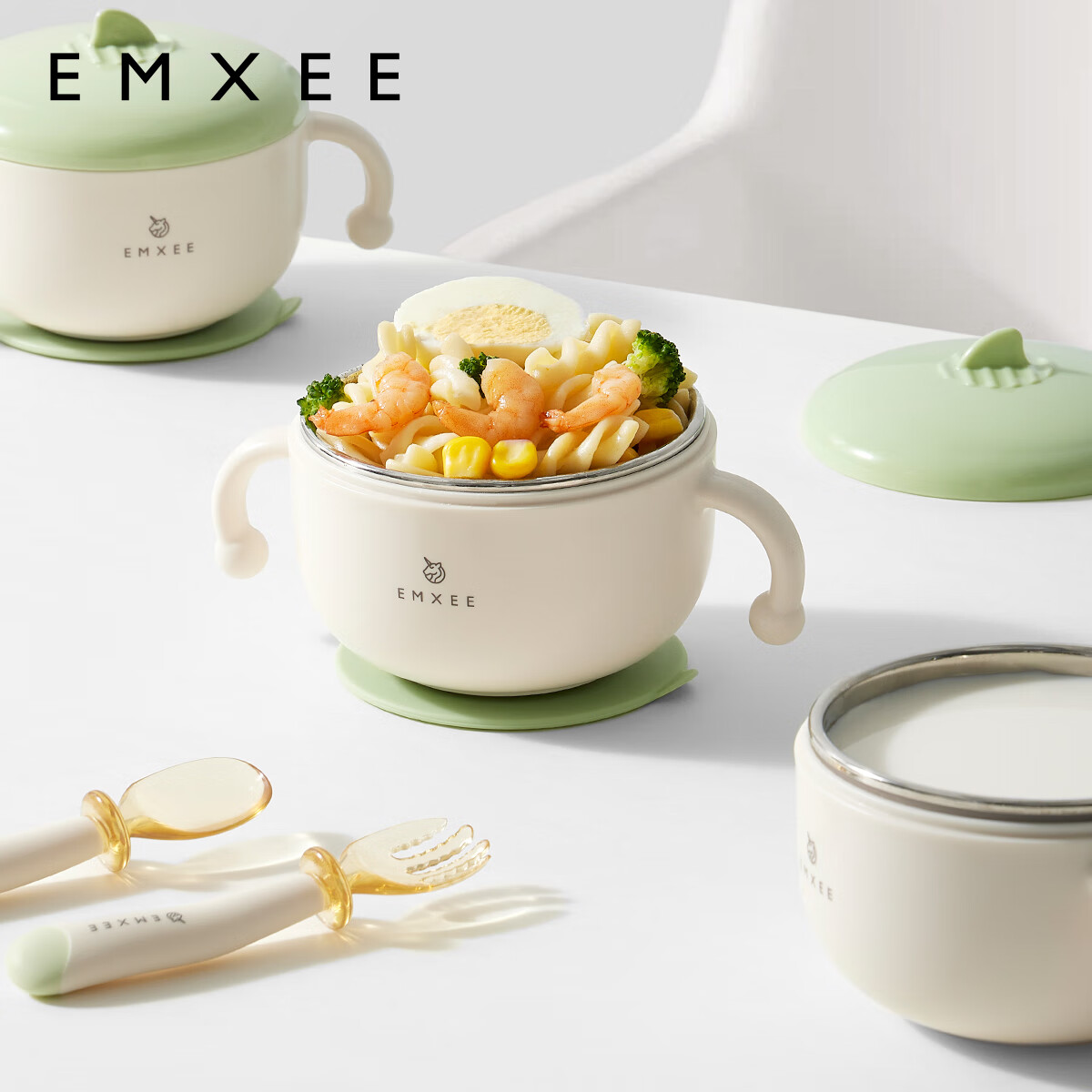 嫚熙（EMXEE）婴幼儿辅食碗宝宝可用恒温碗吃饭防摔餐具套装儿童碗 青竹绿-辅食碗 不送叉勺