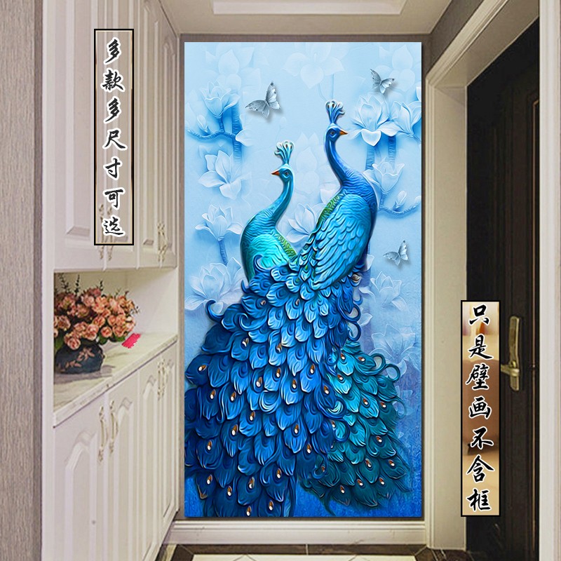 孔雀壁画自粘立体浮雕墙贴玄关壁画过道装饰走廊壁画背景墙贴画 孔雀