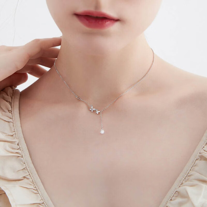 法蔻(farcoko)925银蝴蝶项链女小花颈链日韩风锁骨链生日礼物送女友 蝴蝶项链(白金色可刻字) 精美礼盒+免费刻字