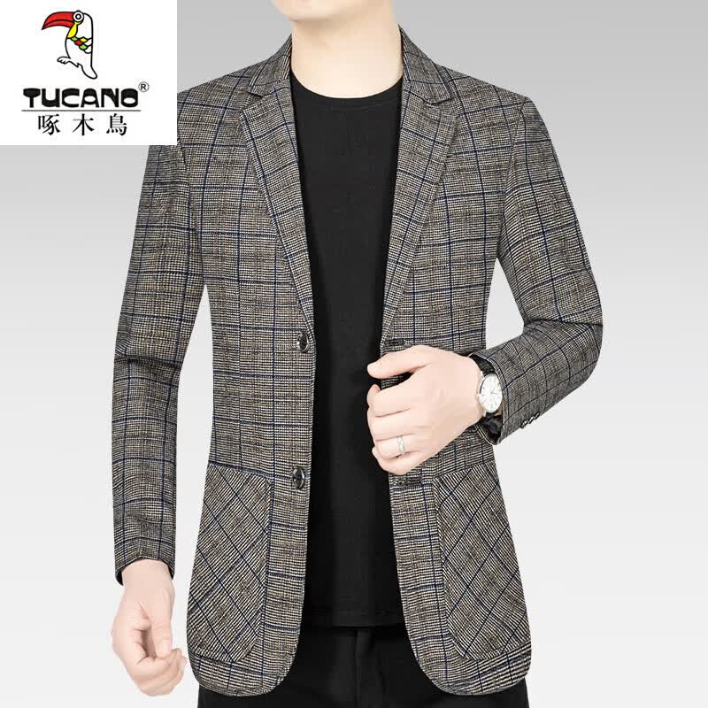 啄木鸟（TUCANO）休闲西服男士春秋季新款中年男士格子西服上衣免烫爸爸修身外套男 咖色13WAG32A 175/L怎么看?