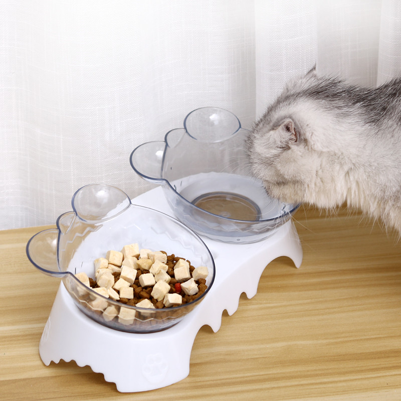 猫碗双碗15度猫食盆猫咪碗食碗猫粮碗饭碗水碗猫咪用品 15度护颈椎双碗（可拆卸） 猫狗通用/加厚