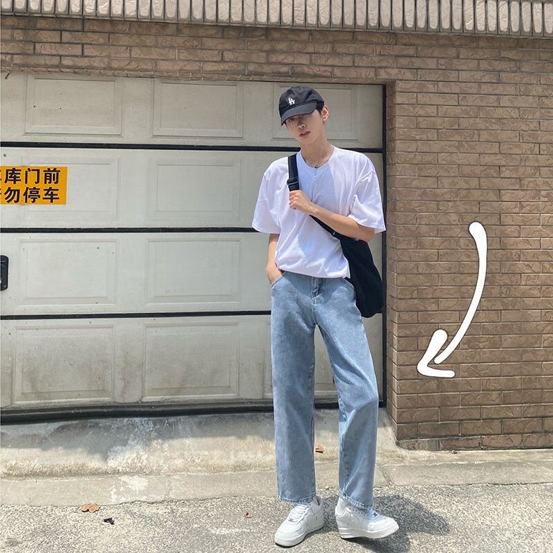 奈代鱼o型腿不直罗圈腿牛仔裤男韩版韩版潮牌复古牛仔裤男宽松直筒ins