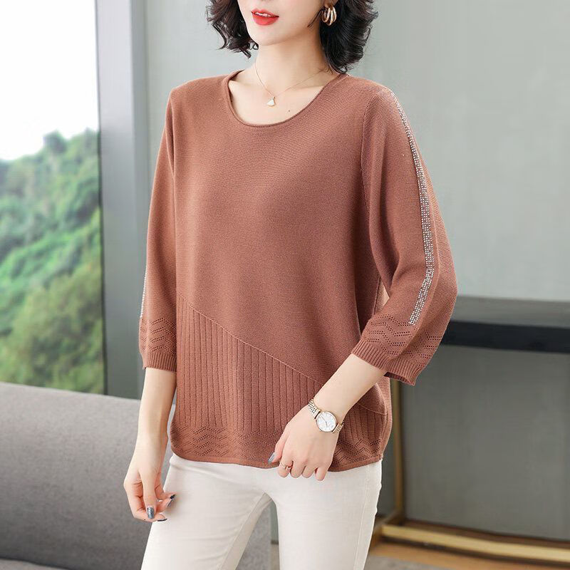 准德妹大码春秋衣服码200斤上衣女春季装冰丝针织衫宽松 011d#浅驼 m