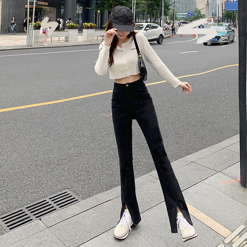 朵迪雅尚休闲微喇牛仔裤女春秋高腰修身显瘦开叉显高马蹄裤子 开叉