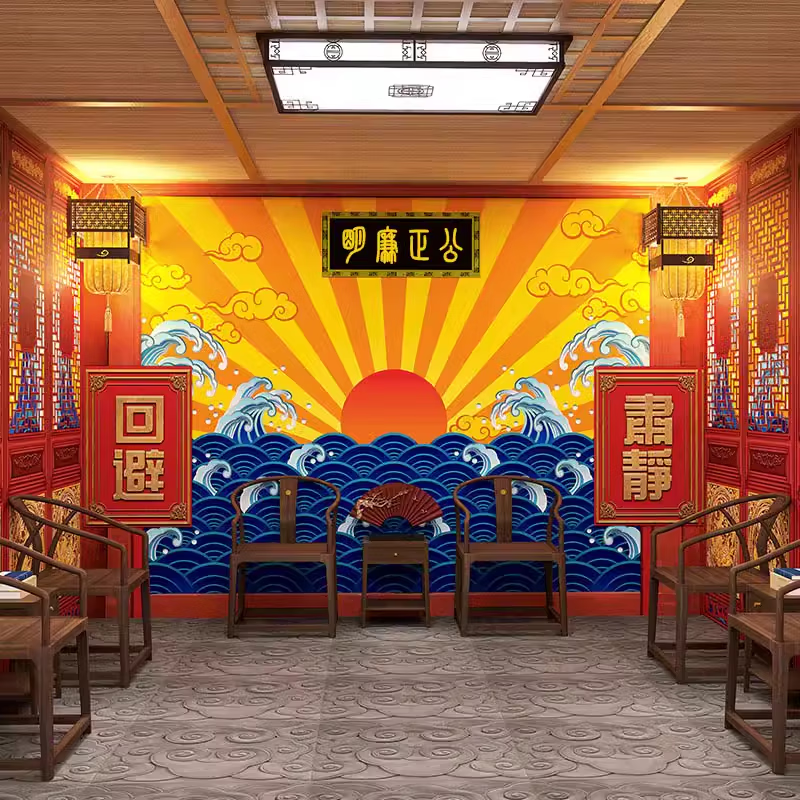 仟梵古代县衙正大光明背景墙墙纸个性主播装饰背景壁纸网红直播间壁布