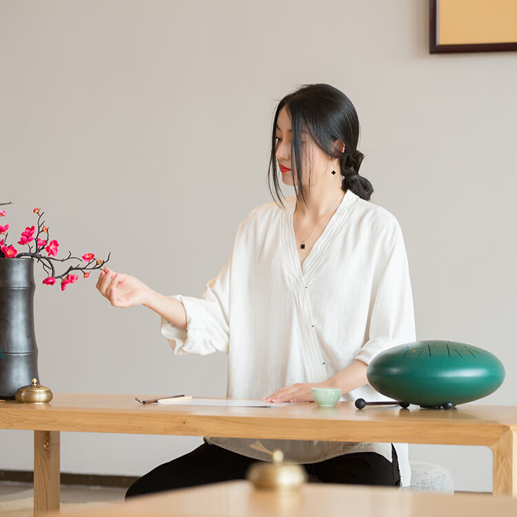 呢好酷禅服佛系女春秋款禅意复古汉服改良v领七分袖亚麻砂洗打坐禅茶