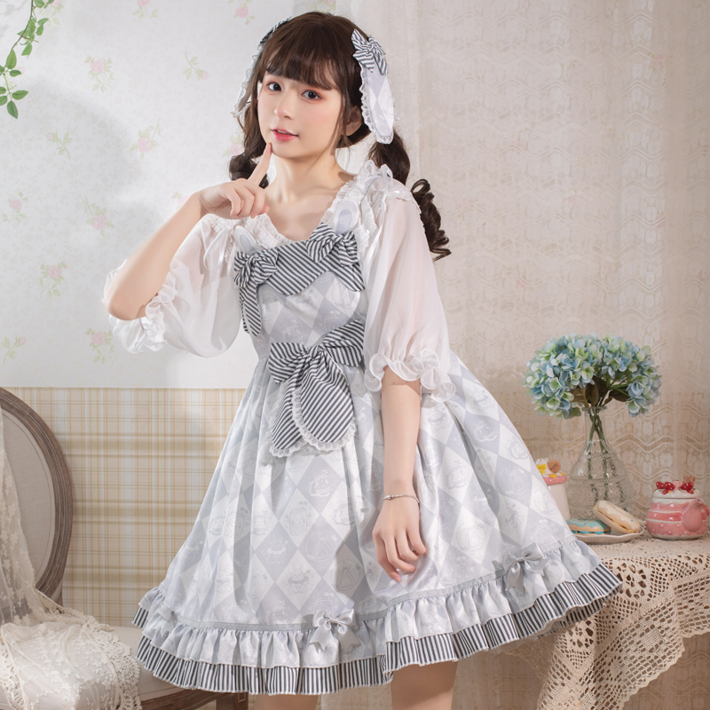 lolita原创原版木耳边可爱吊带jsk裙洛丽塔洋装连衣裙 爱丽丝兔兔灰色