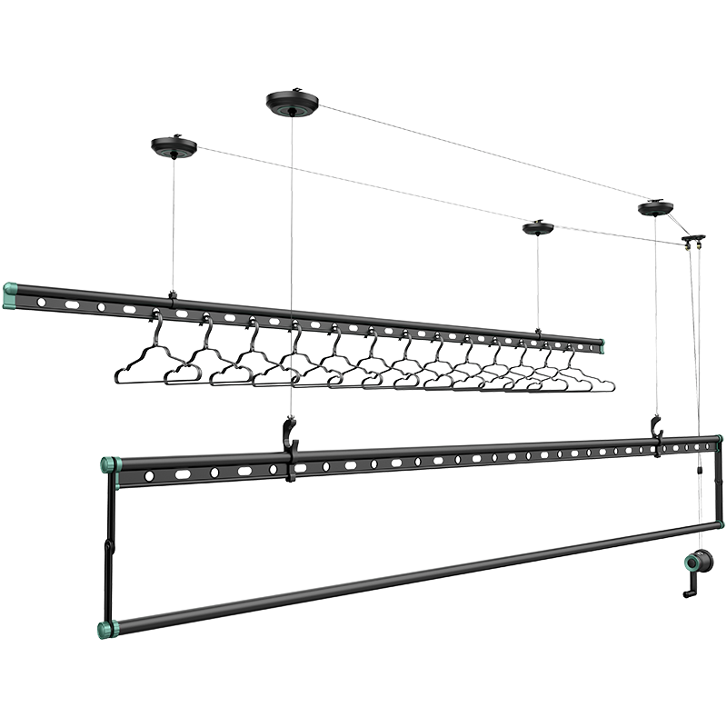 好太太晾衣架手摇升降阳台三杆手动晾衣杆家用室内晒被子家用晾衣架 D-1079[幻夜黑&牛油果绿]+12个衣架2.4 晾杆+上门安装+质保三年