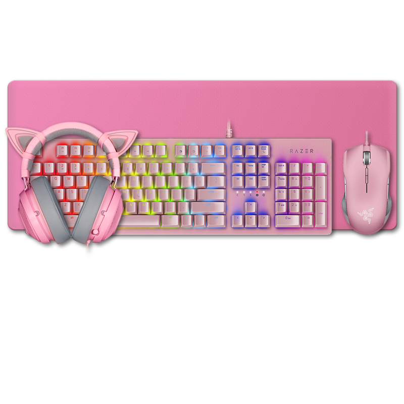 雷蛇（Razer） 粉晶套装 机械键盘游戏鼠标送礼物送女友电竞RGB通用电脑有线键盘 锐蝮蛇鼠标+耳机+猫耳+键盘