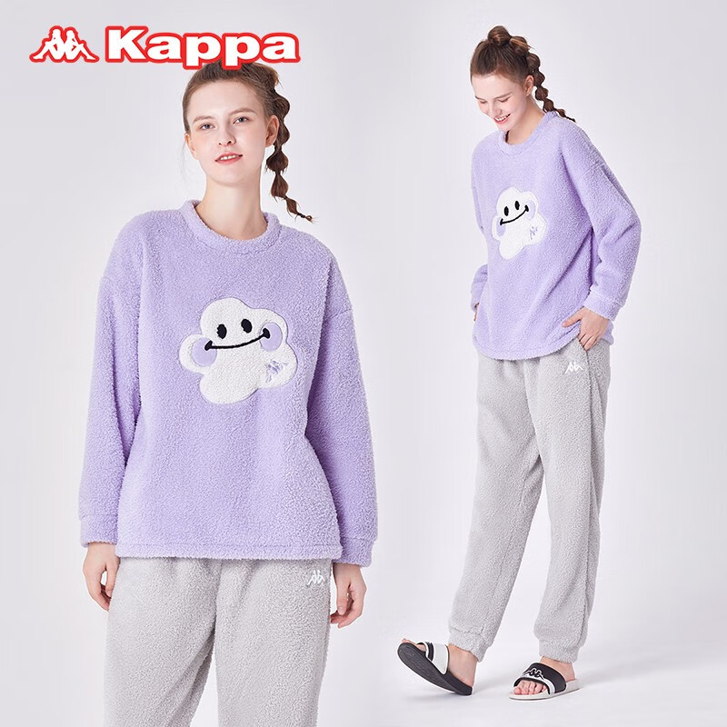 KAPPA卡帕睡衣女秋冬新款米粒绒加厚保暖套头笑脸可外穿女士家居服套装 紫色 L 建议(105-120斤)