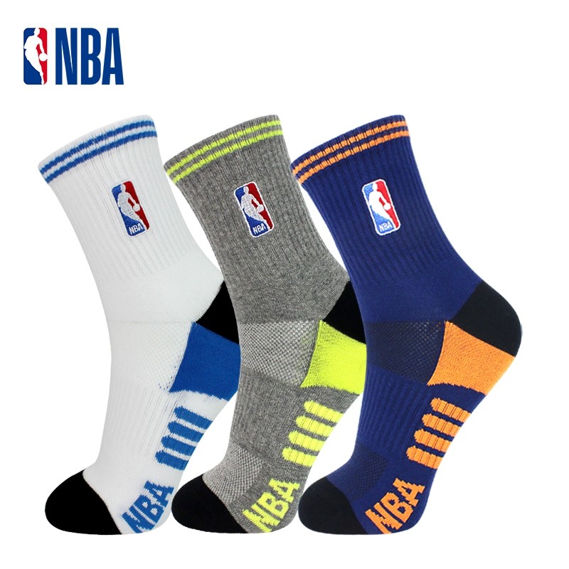 NBA袜子男士中筒时尚运动袜网眼透气加厚毛巾底防滑跑步篮球棉袜3双