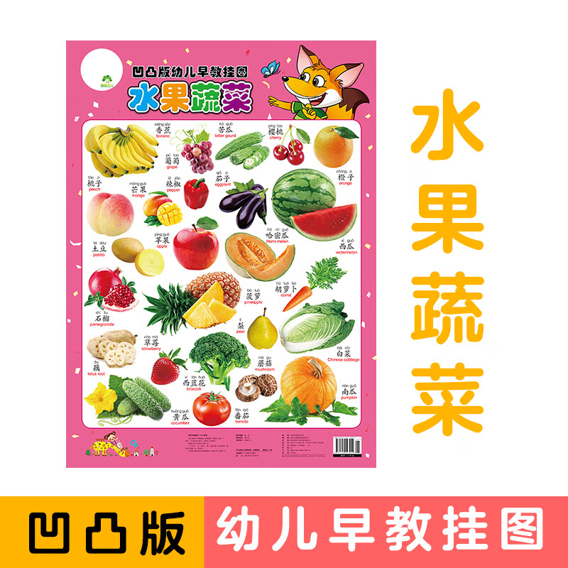 宝宝早教挂图幼儿童拼音启蒙认知识字表卡字母表墙贴益智玩具 凹凸版幼儿早教挂图 水果蔬菜
