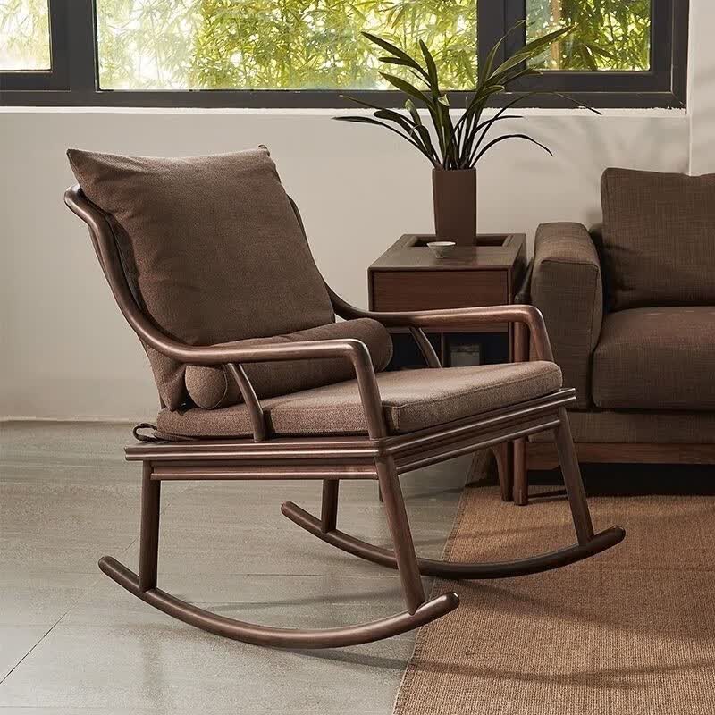 山头林村木头摇椅新中式实木摇胡桃木家用午休躺椅阳台休闲逍遥椅原木