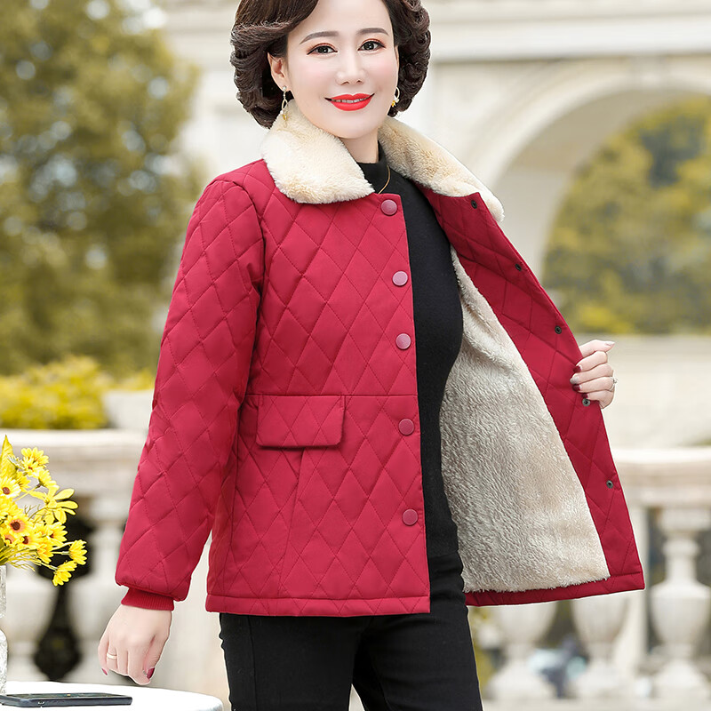 艾上他她新款妈妈秋冬棉服短款中年妇女小棉袄加绒加厚外套中老年冬装