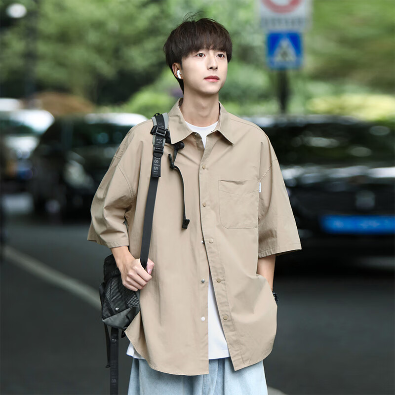 复古休闲衬衫男夏季新款潮流宽松百搭七分袖衬衣服上衣外套 卡其色 m
