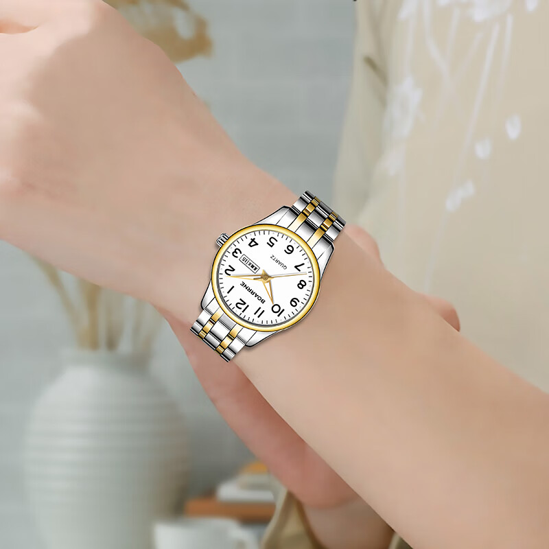 伯恩（BOARRNE）中老年老人手表男士女式大数字夜光电子防水表送爸妈爷爷新年礼物 809A金边钢带-日历-女表