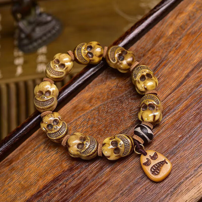 藏传回流牦牛骨雕刻尸陀林手串单圈文玩佛珠玛瑙天珠配饰复古手链 21*