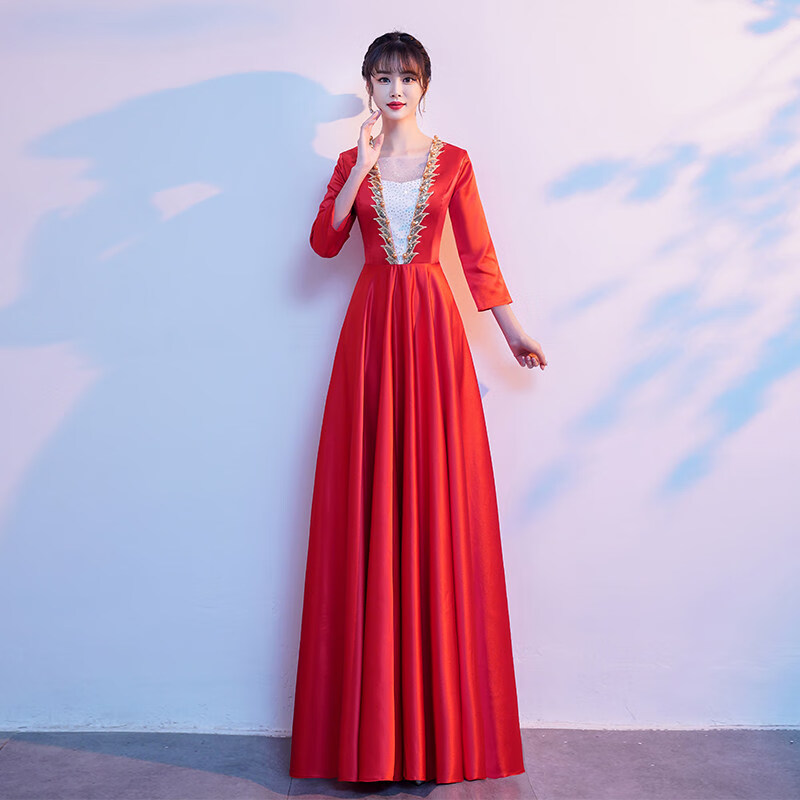 丽佰昕成人大合唱团礼服长裙红色红歌表演比赛演出服女主持朗诵现代