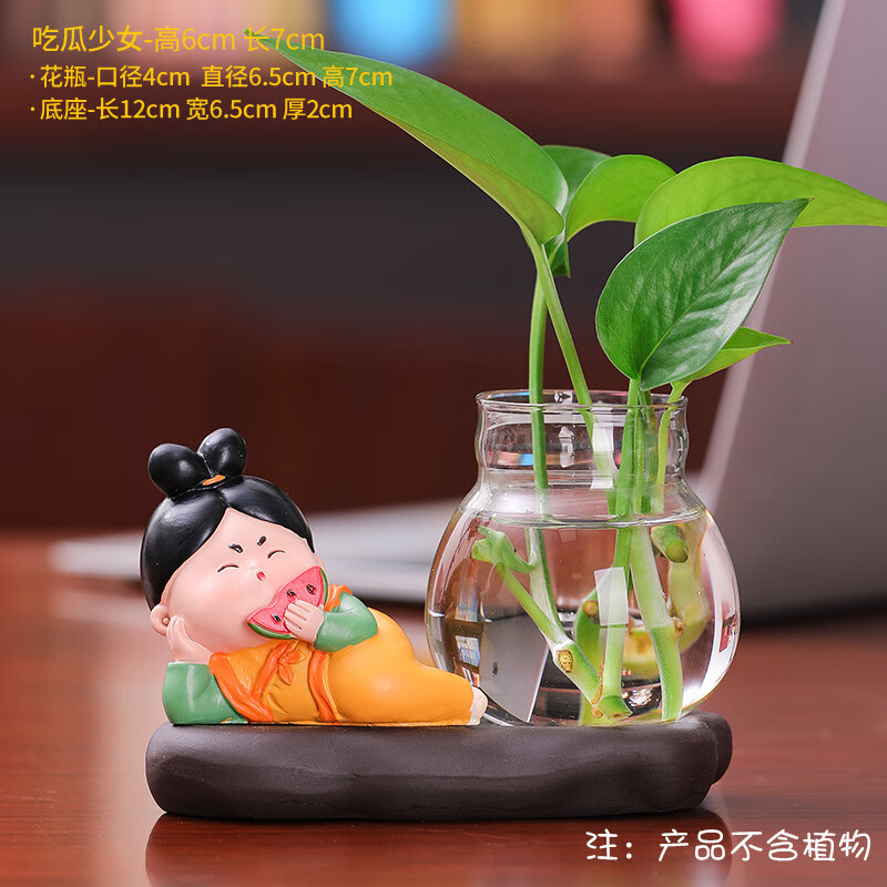 玻璃水培器皿少府家居饰品客厅办公室桌面台面茶桌花盆 吃瓜少女 水培