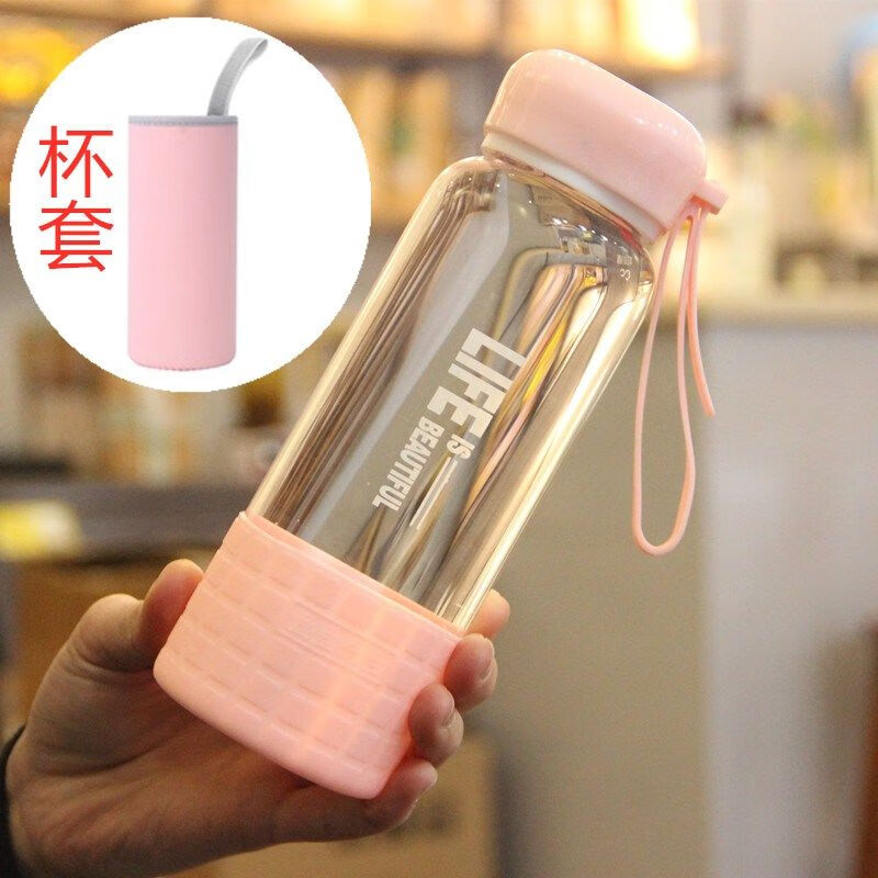 尤克达帝玻璃杯便携杯子女学生创意耐热水瓶韩国清新可爱简约韩版网红水杯 450ml方盖玻璃杯粉色+杯套