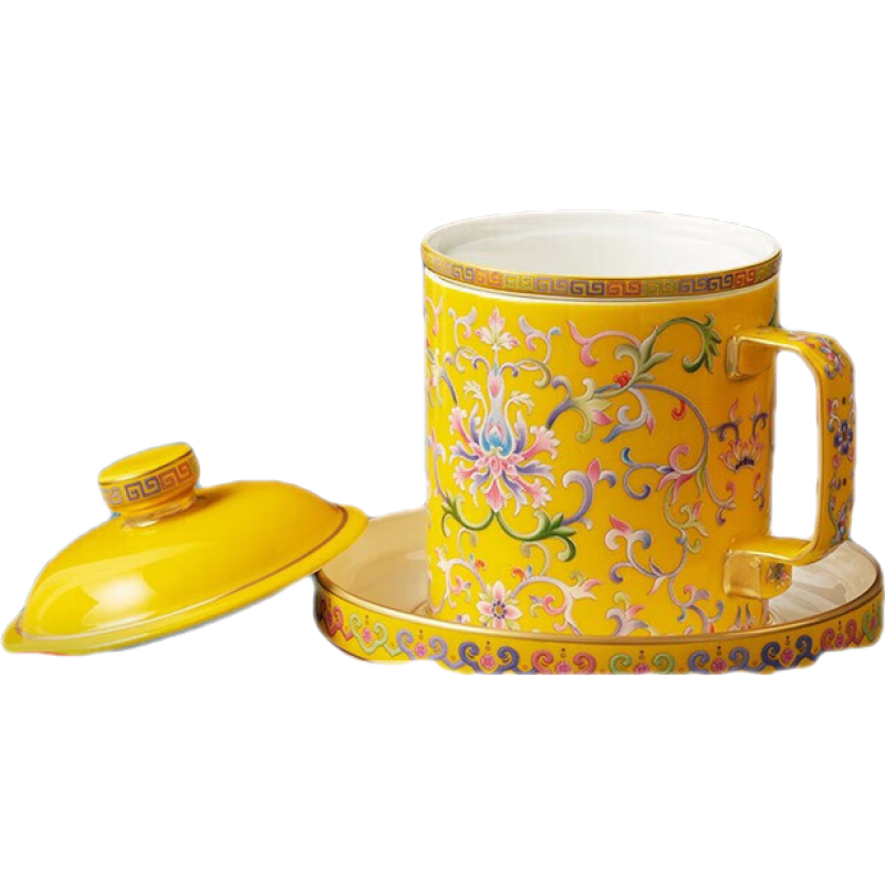 永豐源國瓷永豐源新宮廷瓷 陶瓷蓋杯茶杯 琺瑯彩四件套會議杯中式 禮盒 四件套蓋杯【460ml】