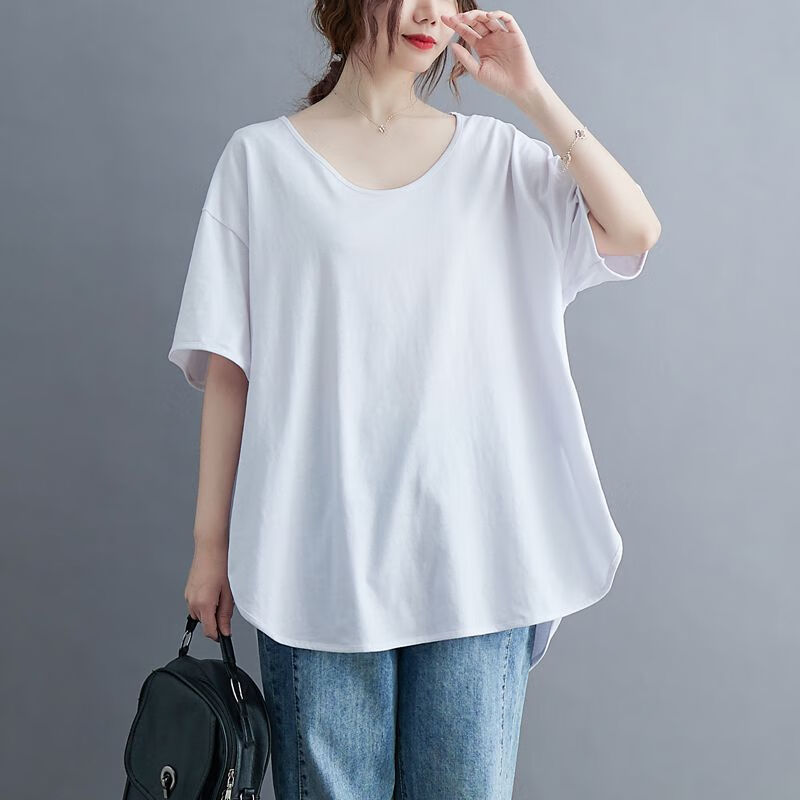 喵畅中老年纯棉t恤女宽松版妈妈纯棉大码女装上衣胖mm遮肚子文艺v领宽