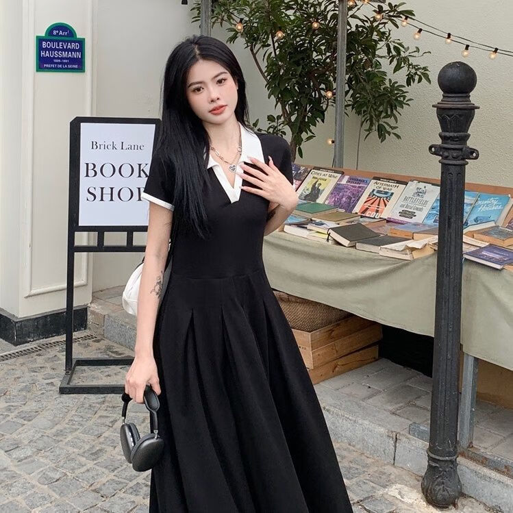 160斤连衣裙夏天藏肉裙子梨形身材黑色polo女夏季休闲 黑色 l 100-120