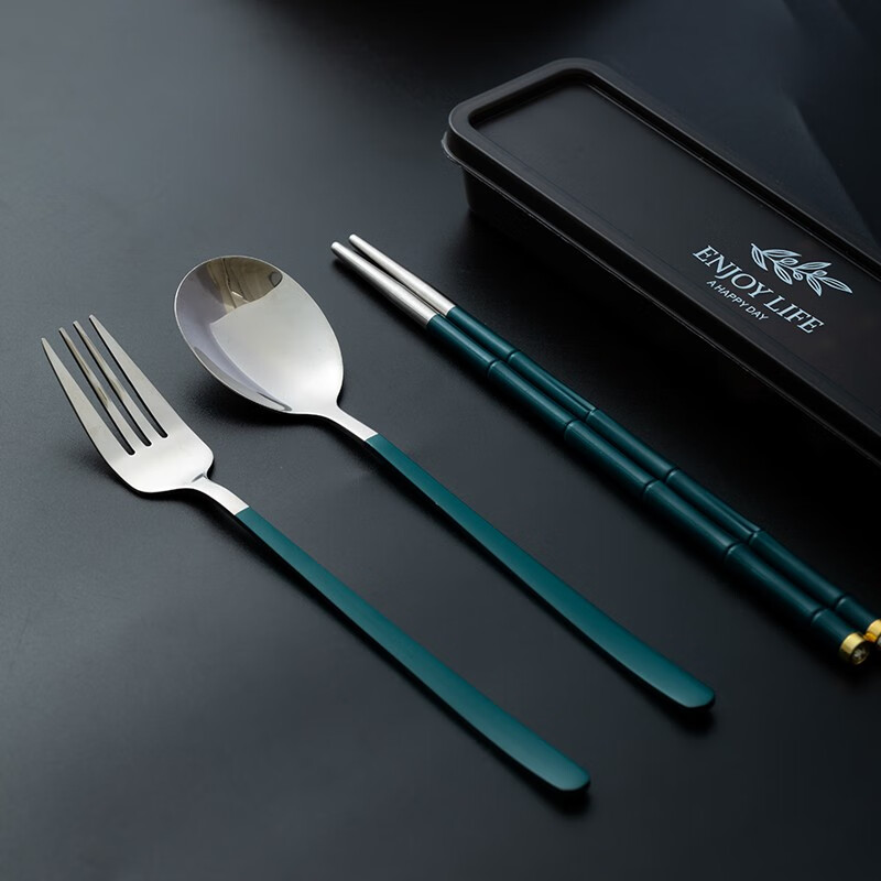客满多 合金筷子430不锈钢勺子叉子套装 成人学生旅行便携餐具盒装四件套 KB223