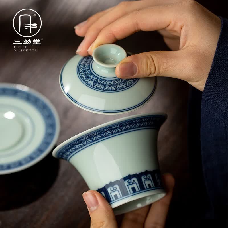 三勤堂手绘釉下青花宝相三才马蹄泡茶盖碗景德镇陶瓷功夫茶具茶碗家用 宝相纹马蹄盖碗（特级品）