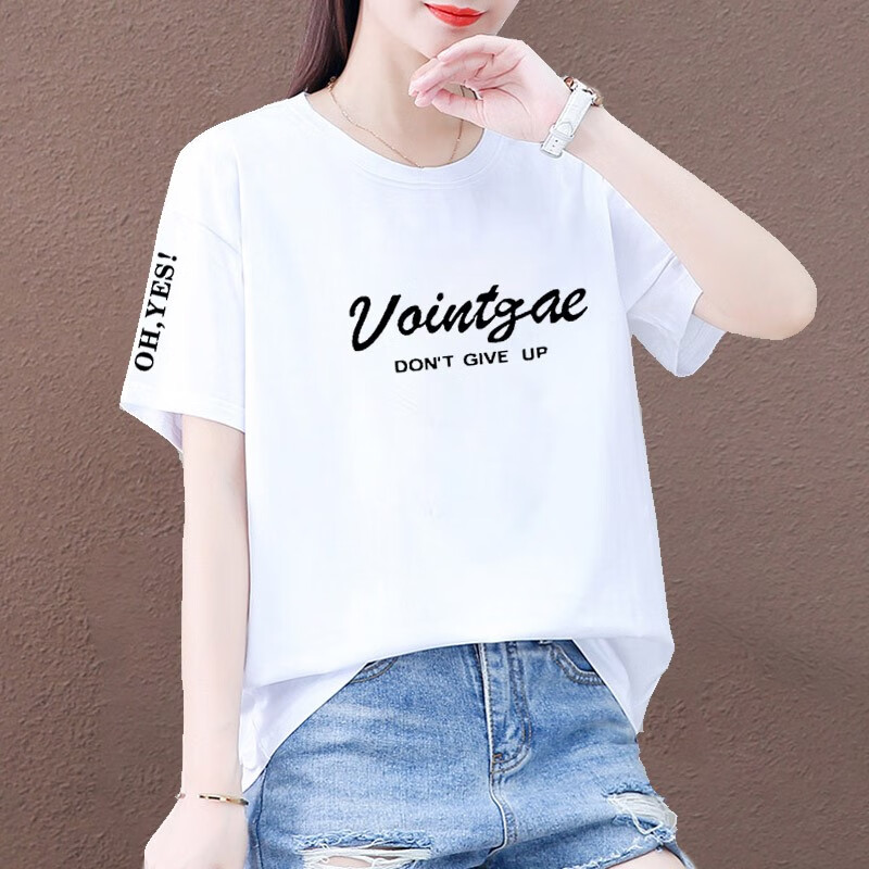 歌鹏纯棉短袖白色恤女新款夏季薄款宽松体恤衫休闲时尚上衣服 906 m