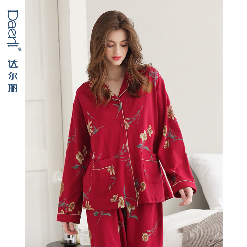 达尔丽睡衣女春秋季纯棉长袖薄款家居服套装本命年红国潮印花开衫可外穿 T895118-029-山茶花 2XL :建议体重130-150斤