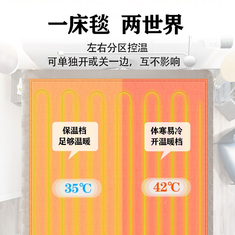 贵人梦 电热毯(长2.0米宽1.8米)双人双控智能定时安全除潮家用电褥子 高低档)长180*90cm宽单人单控