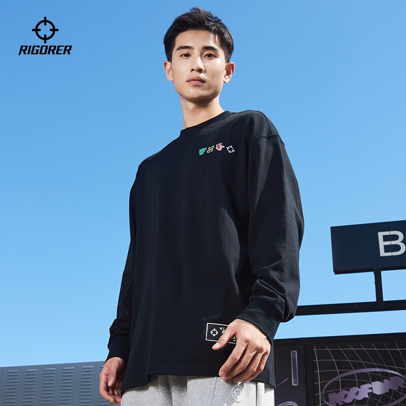 准者斗法长袖T恤男士春冬新款美式篮球运动卫衣潮流刺绣纯棉透气上衣 纯正黑(尺码偏大拍小一码) 刺绣款 XL